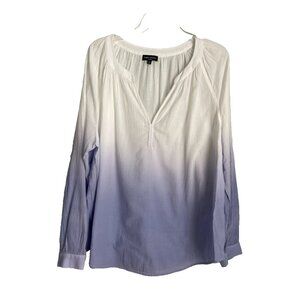 Lord & Taylor Blue White Dip Dye Cotton Gauze V Neck Pullover Top